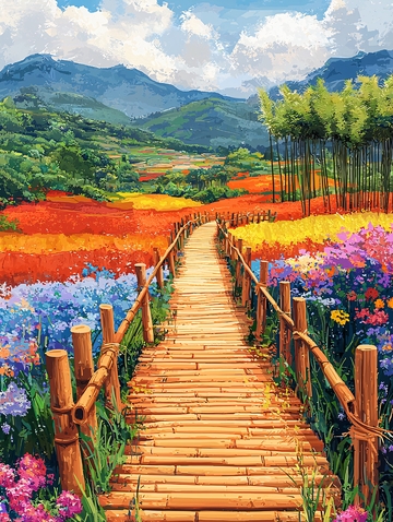 鲜花盛开的田园风光