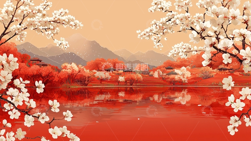 高清大图下载【趣麦麦图】水面倒影的红色山水和白色花朵