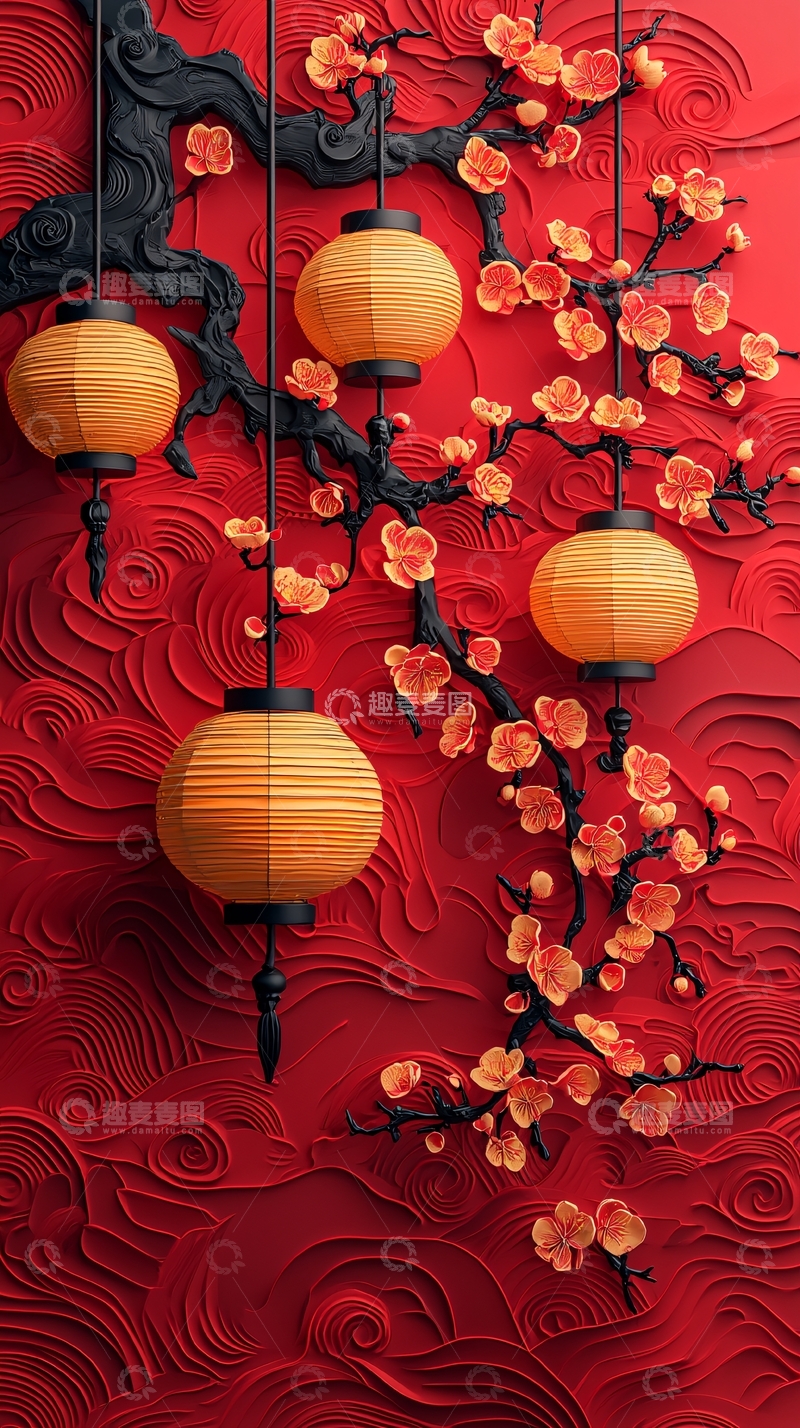 高清大图下载【趣麦麦图】红色背景下的灯笼梅花