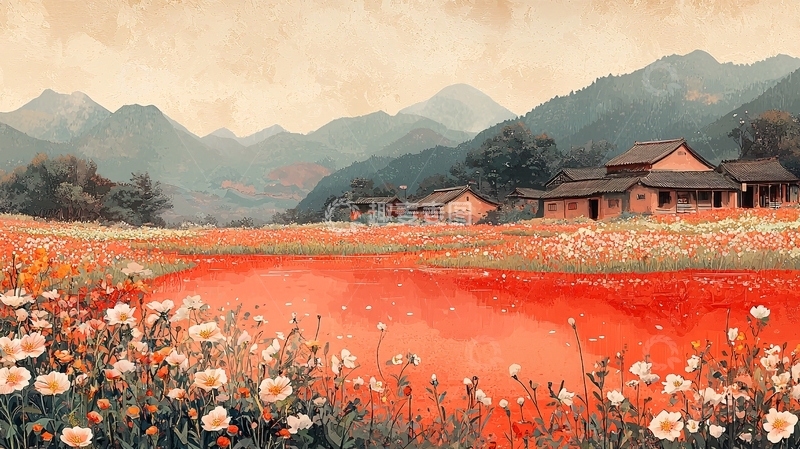高清大图下载【趣麦麦图】山村田野红花油画风景