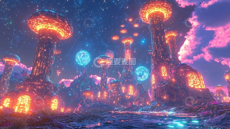 高清大图下载【趣麦麦图】梦幻发光巨型蘑菇森林