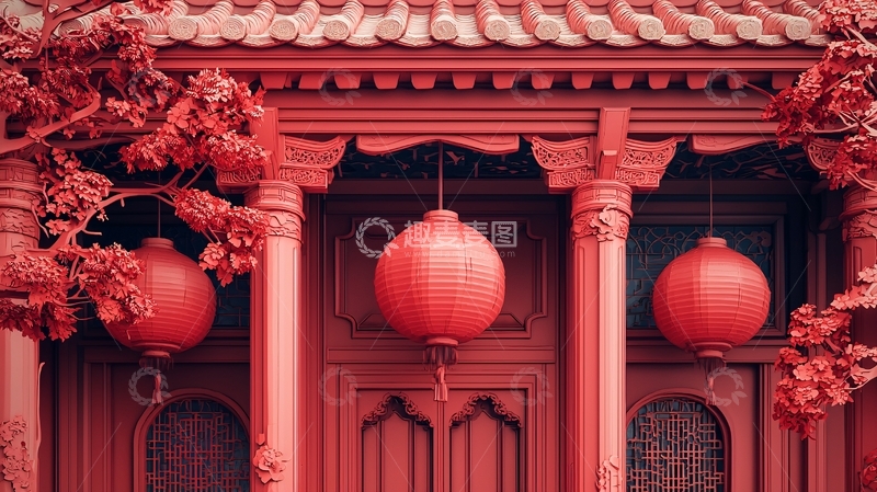 高清大图下载【趣麦麦图】红墙红灯笼中式建筑