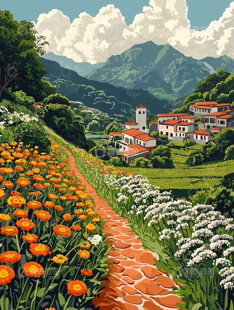 高清大图下载【趣麦麦图】山间小镇鲜花小路