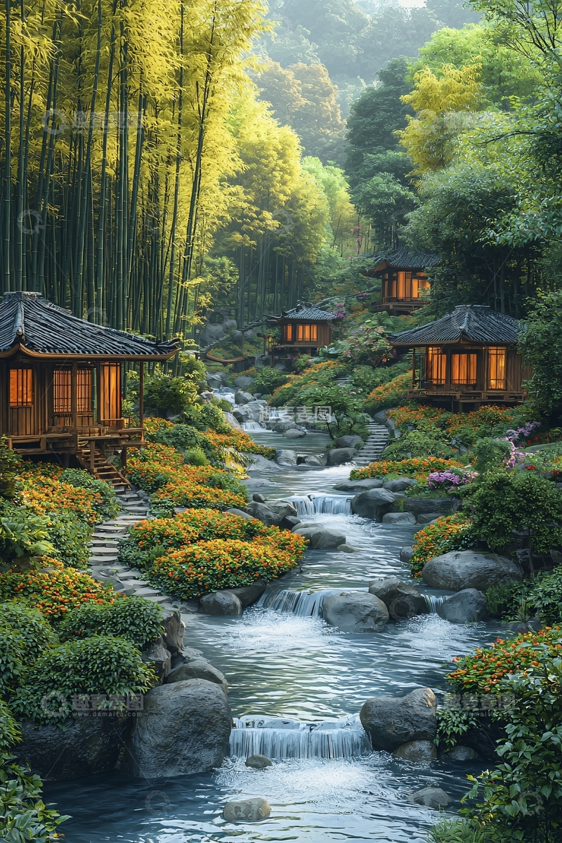 高清大图下载【趣麦麦图】日式房屋竹林流水静谧