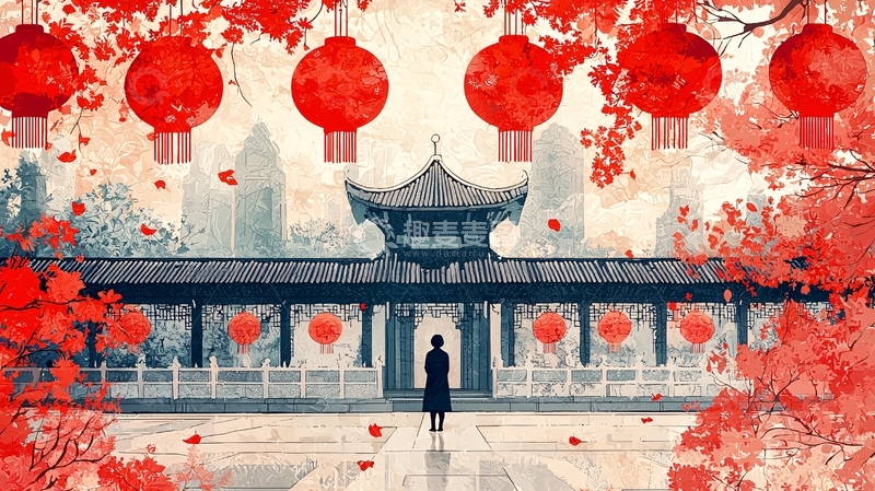 高清大图下载【趣麦麦图】中国风建筑与红灯笼交织的意境