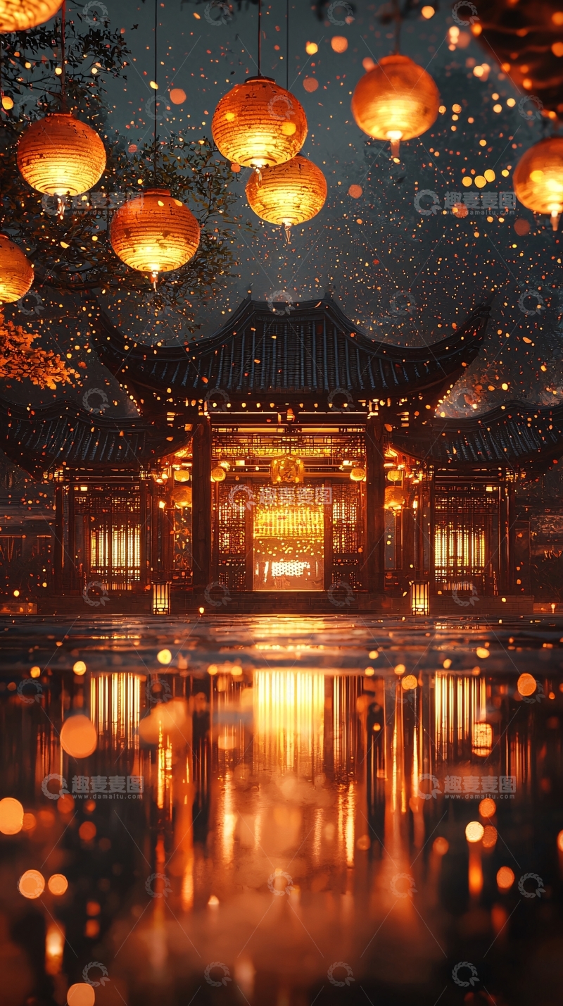 高清大图下载【趣麦麦图】中国风灯笼夜景倒影