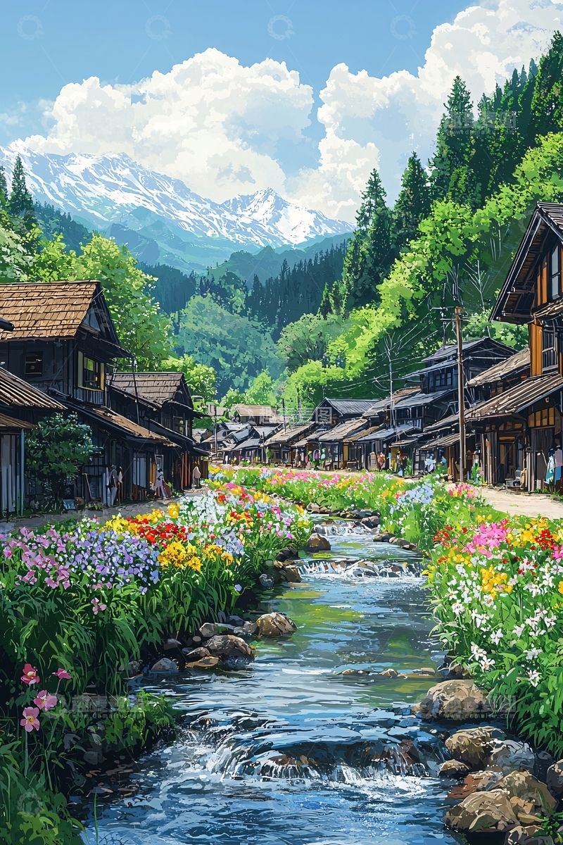 高清大图下载【趣麦麦图】高山流水乡村景色