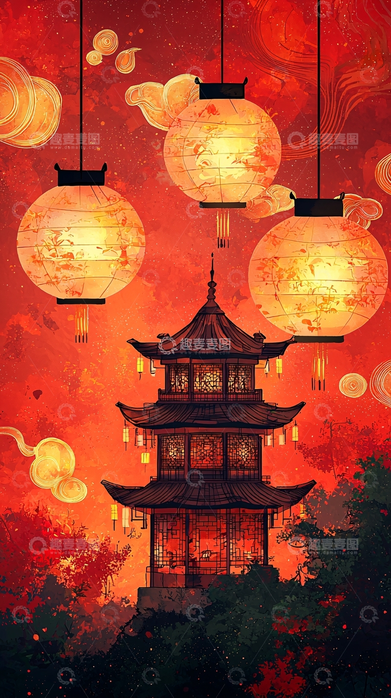 高清大图下载【趣麦麦图】红灯笼下的中国古建筑