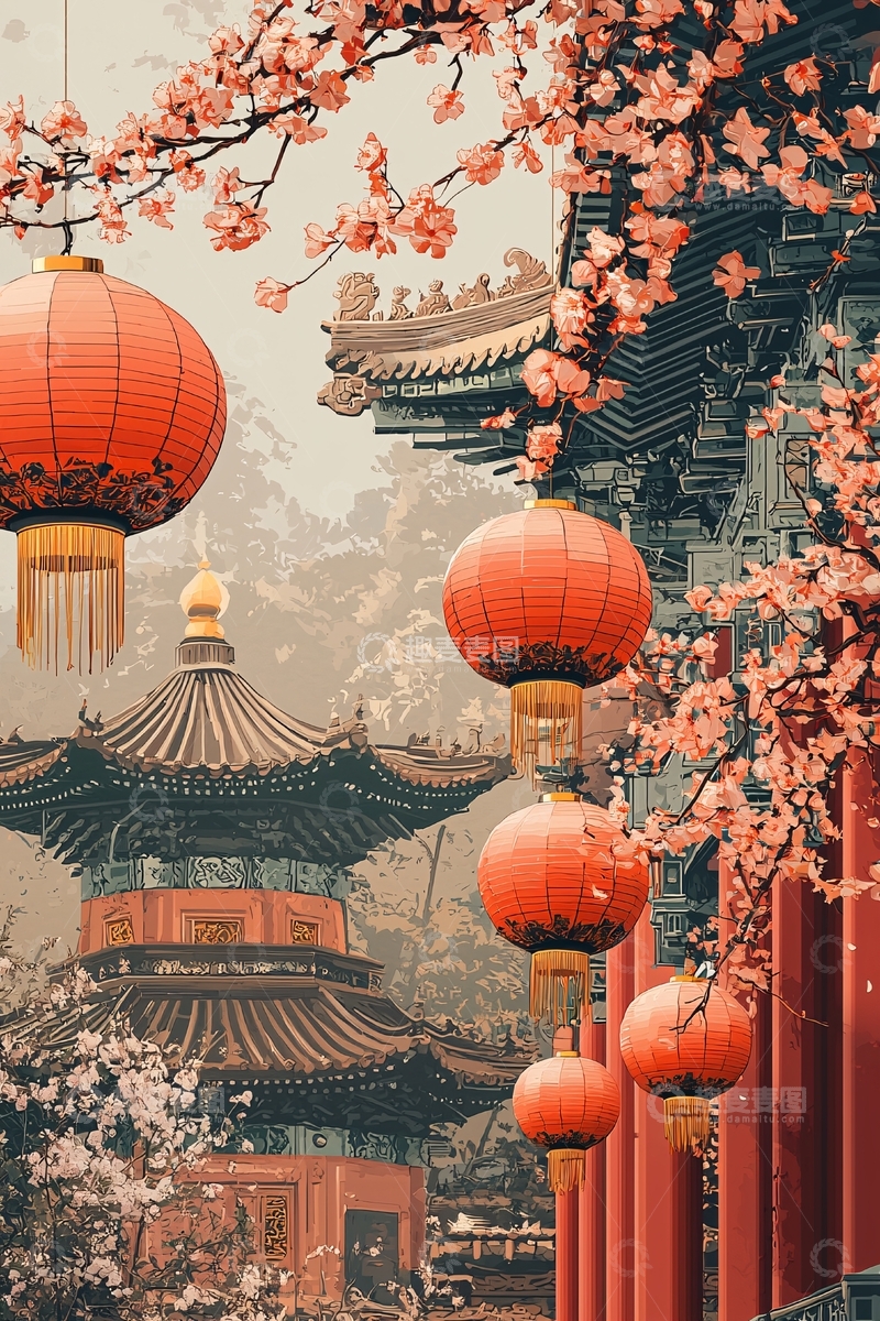 高清大图下载【趣麦麦图】中国风建筑樱花灯笼