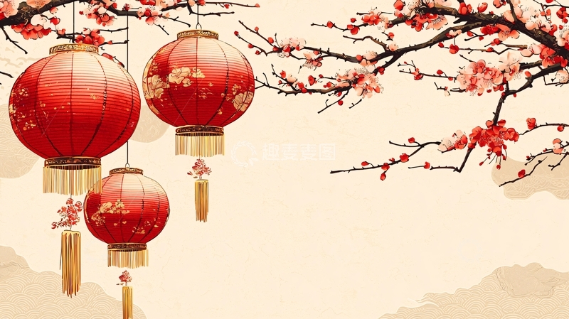 高清大图下载【趣麦麦图】节日气氛浓郁的灯笼与梅花