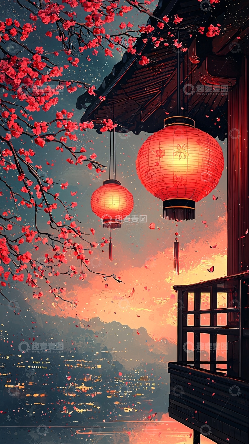 高清大图下载【趣麦麦图】红灯笼樱花夜景