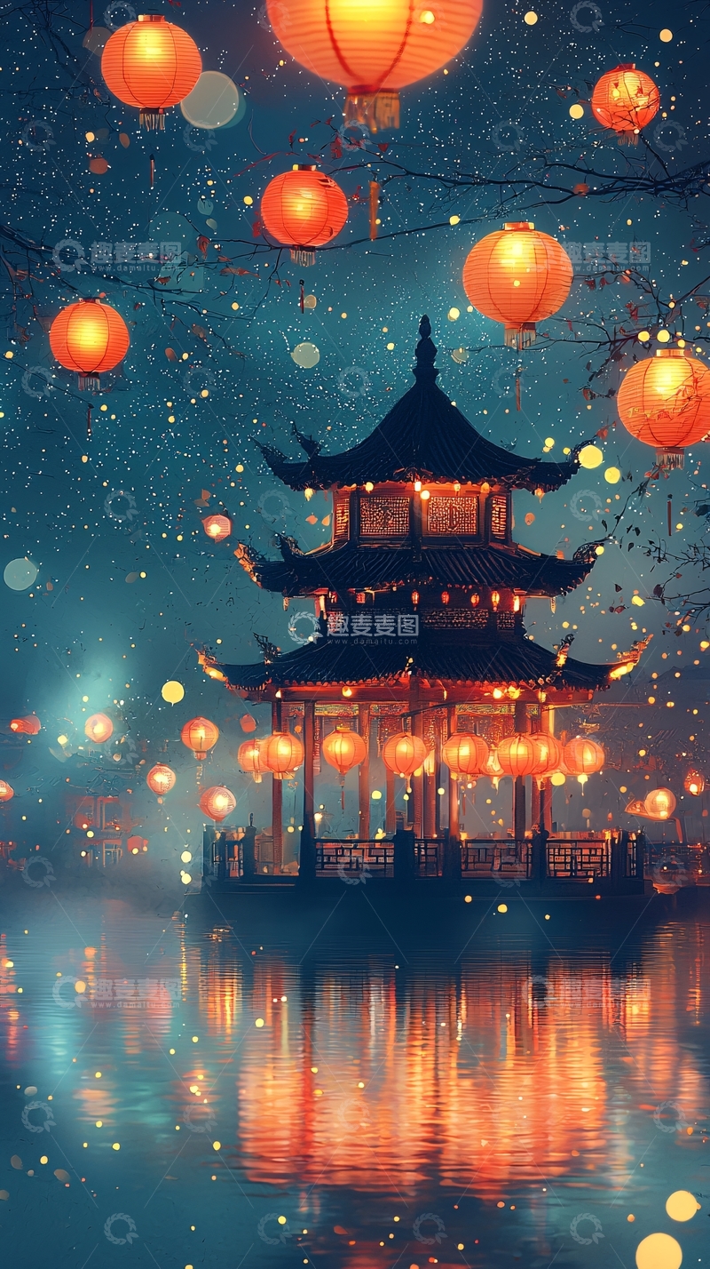 高清大图下载【趣麦麦图】灯笼映衬下的湖边亭台