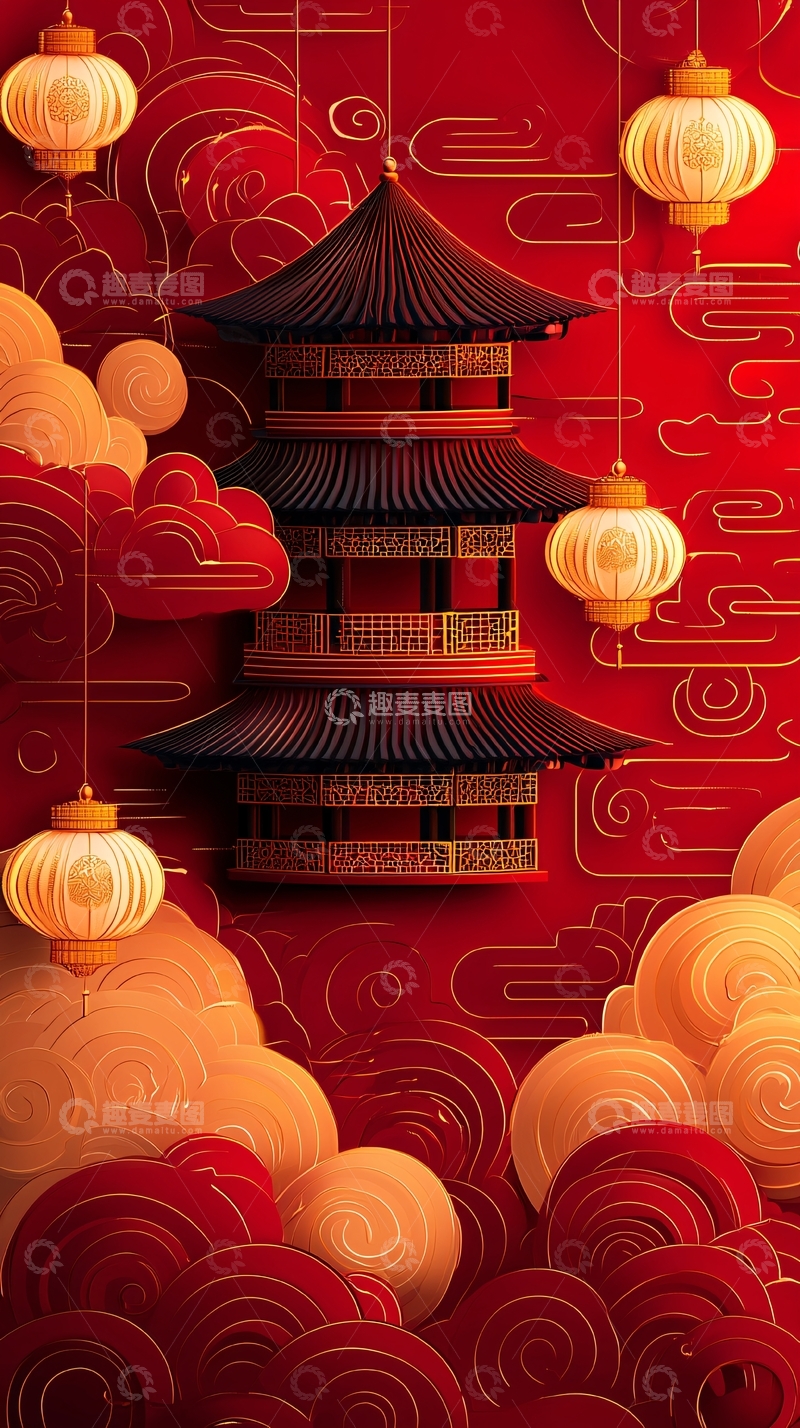 高清大图下载【趣麦麦图】红色背景下的中国建筑