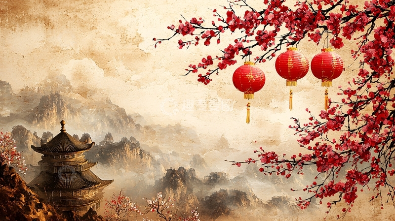 高清大图下载【趣麦麦图】中国风山水红梅灯笼