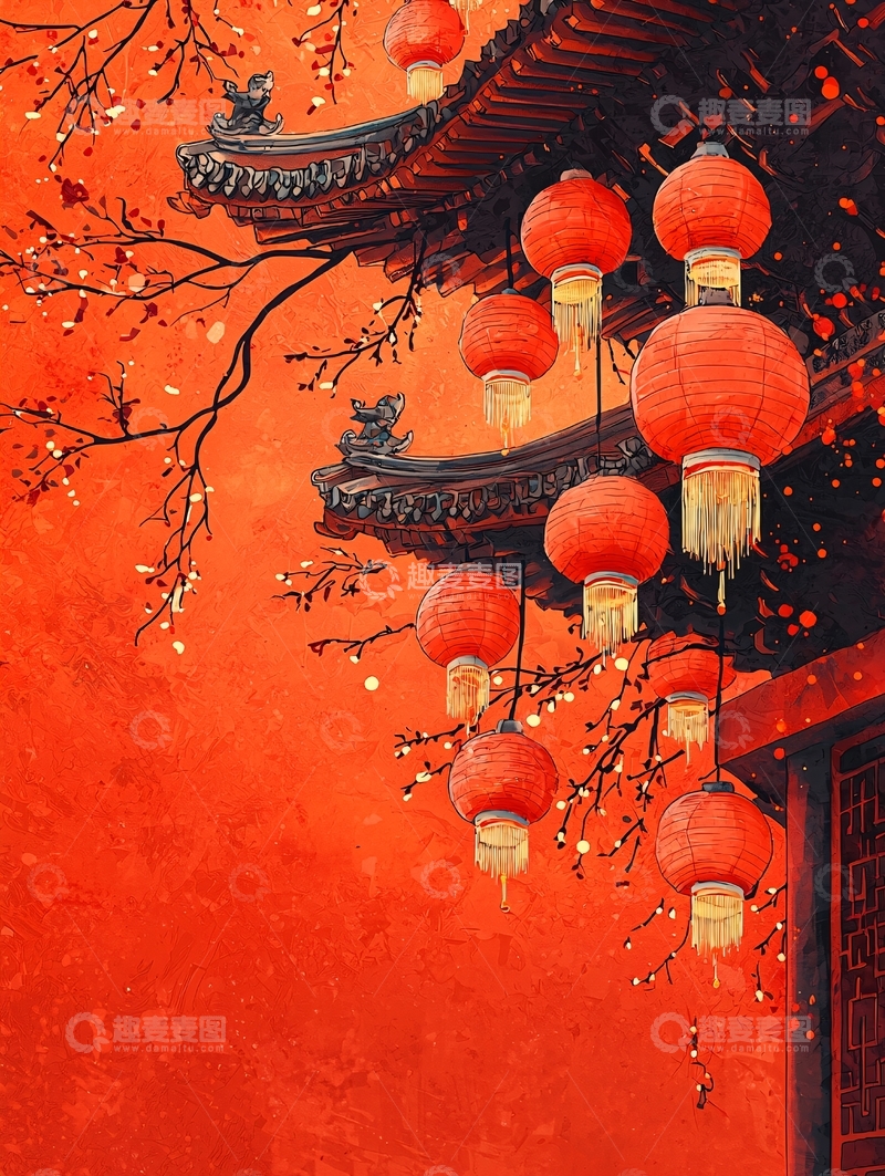高清大图下载【趣麦麦图】红色灯笼高挂枝头