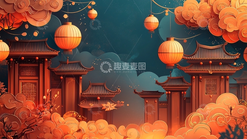 高清大图下载【趣麦麦图】中国风灯笼云彩建筑