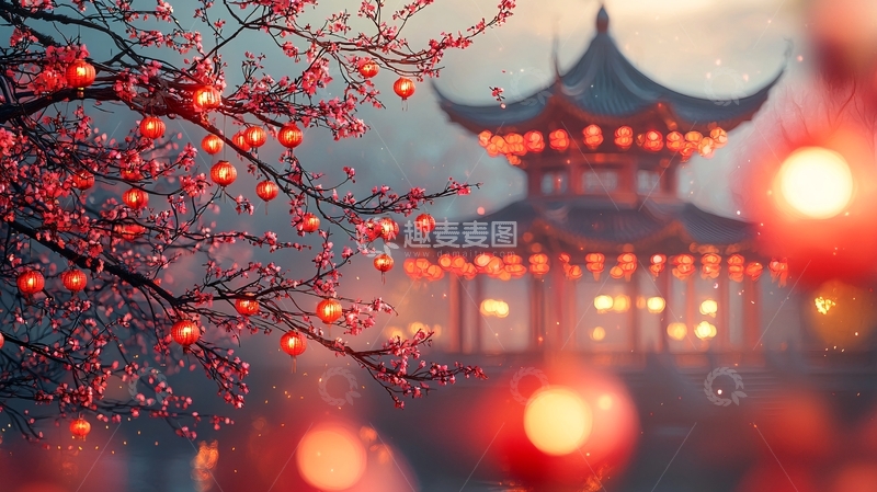高清大图下载【趣麦麦图】红灯笼下的中式亭台