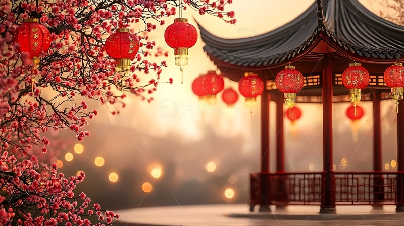 高清大图下载【趣麦麦图】红灯笼亭子桃花