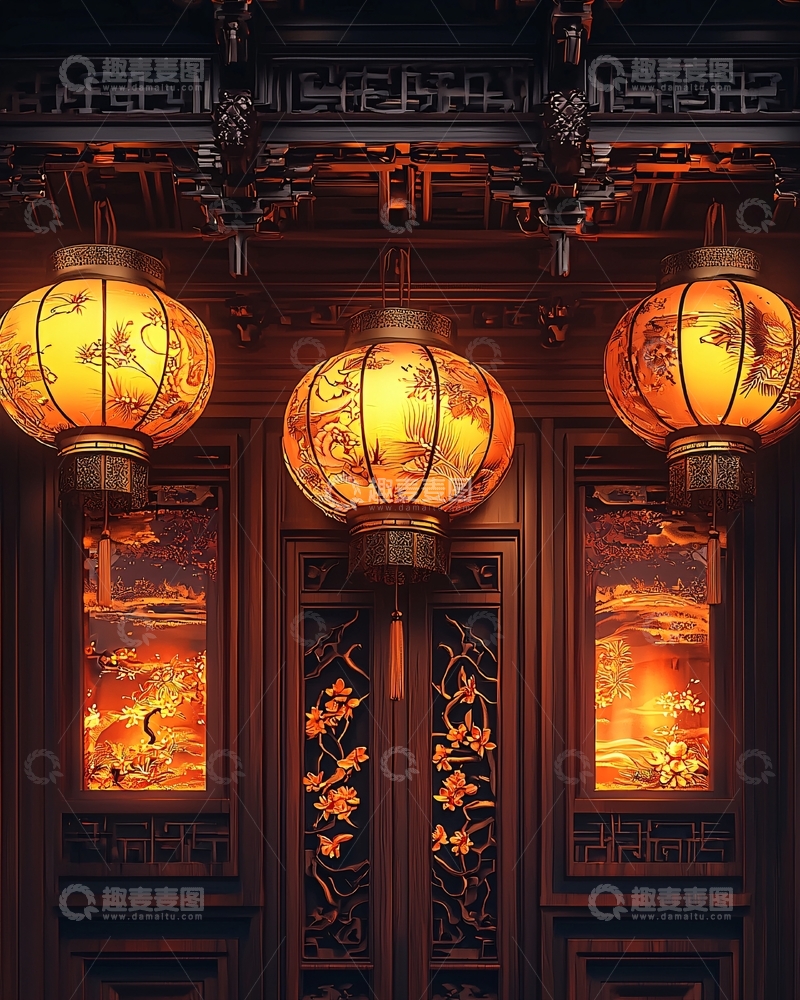高清大图下载【趣麦麦图】三个灯笼照亮中国风门窗