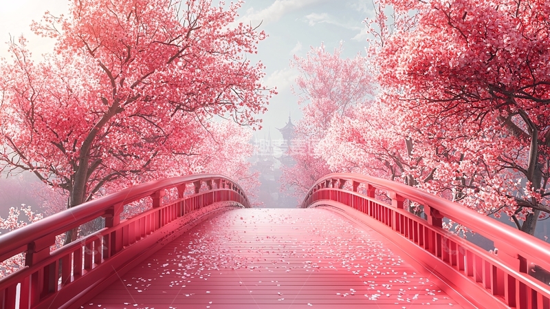 高清大图下载【趣麦麦图】粉色樱花树桥