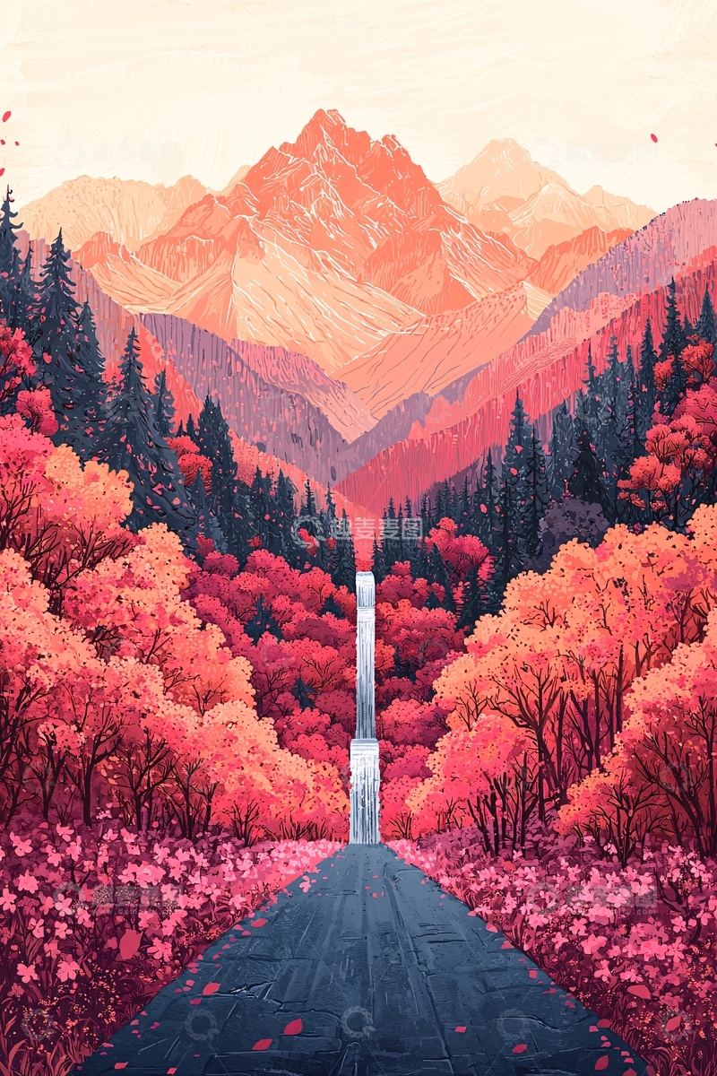高清大图下载【趣麦麦图】山路瀑布枫叶秋景