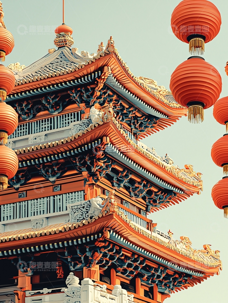 高清大图下载【趣麦麦图】中国风建筑与红灯笼