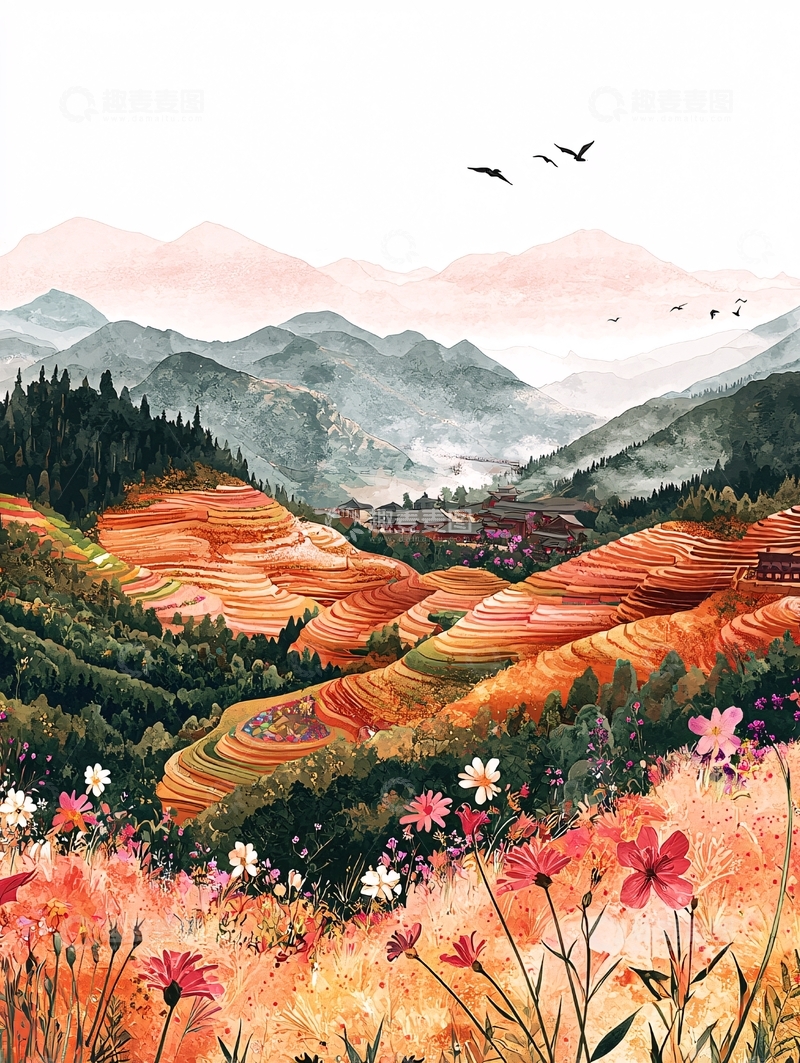 高清大图下载【趣麦麦图】水彩梯田风景画