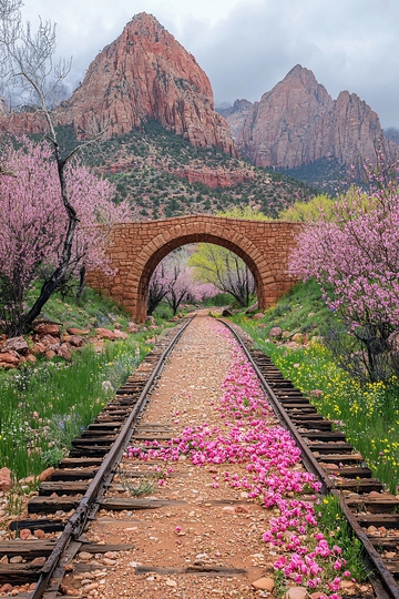 山间铁路桥梁花开