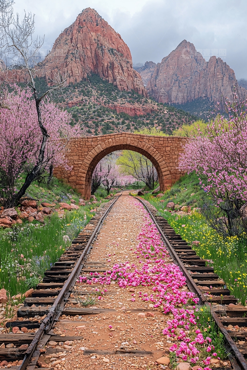 高清大图下载【趣麦麦图】山间铁路桥梁花开