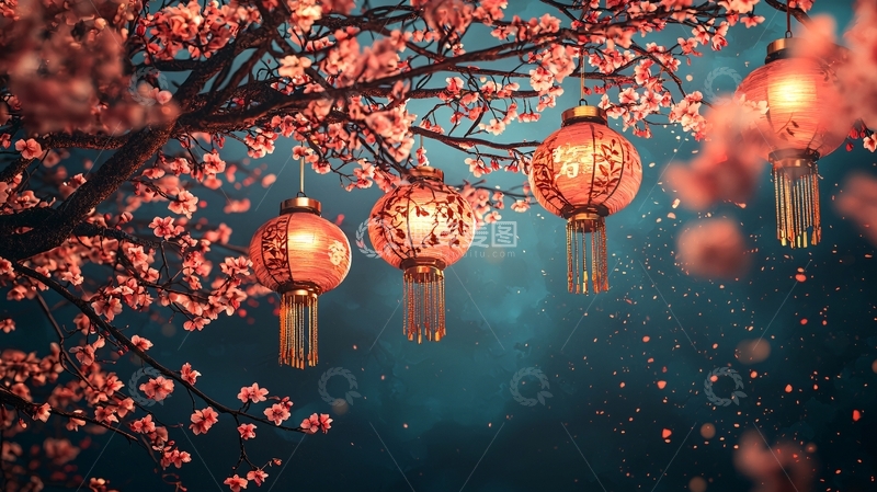 高清大图下载【趣麦麦图】花树下红灯笼节日喜庆氛围