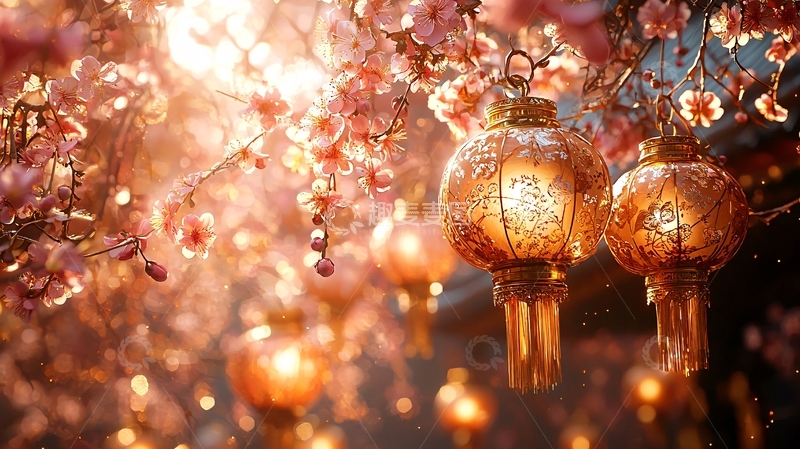 高清大图下载【趣麦麦图】粉色樱花树下灯笼