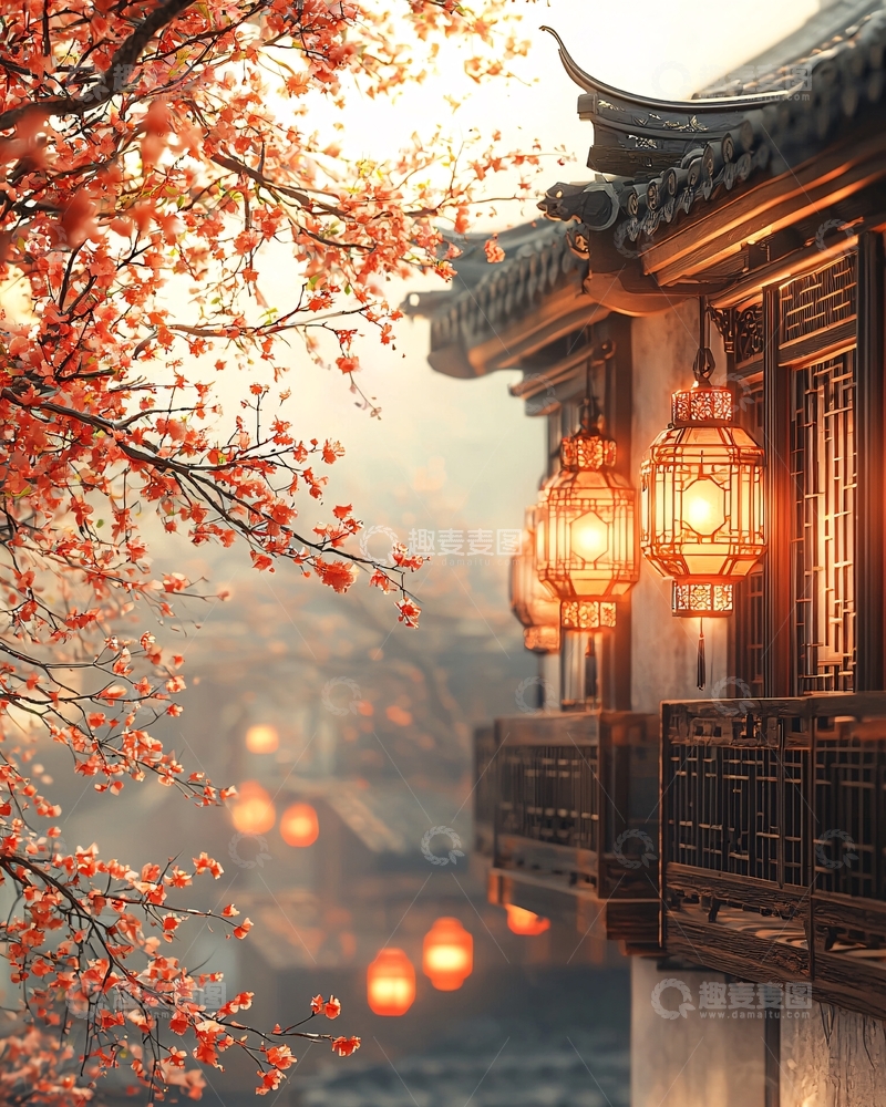 高清大图下载【趣麦麦图】古风建筑红灯笼花树意境唯美