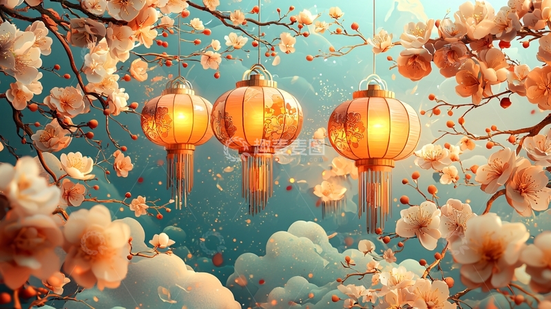 高清大图下载【趣麦麦图】灯笼与绽放的杏花