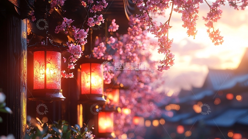 高清大图下载【趣麦麦图】夕阳下的樱花与红灯笼