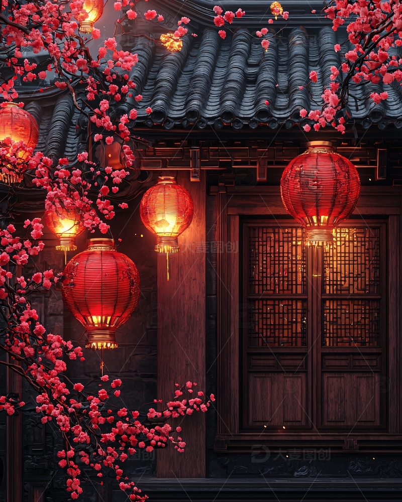 高清大图下载【趣麦麦图】灯笼映衬下的传统中式建筑