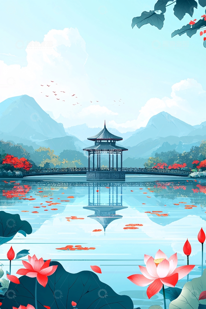高清大图下载【趣麦麦图】中国风湖面亭台山水
