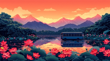 湖边莲花盛开的巴士