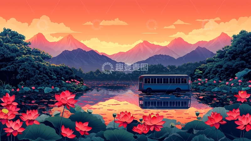 高清大图下载【趣麦麦图】湖边莲花盛开的巴士