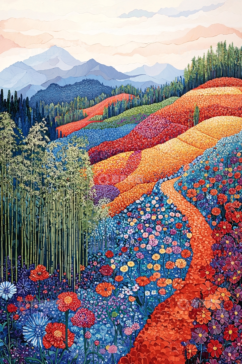 高清大图下载【趣麦麦图】彩色山峦花海小路