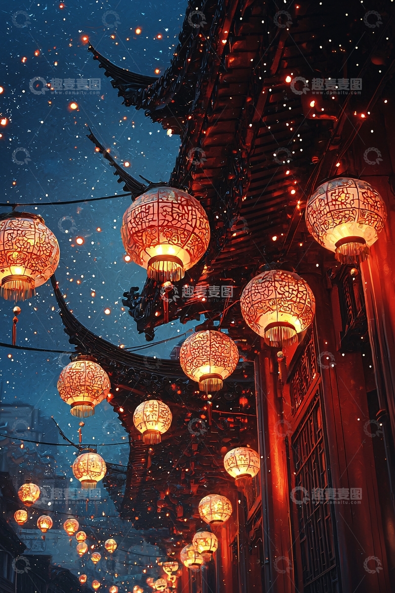 高清大图下载【趣麦麦图】雪夜古镇红灯笼