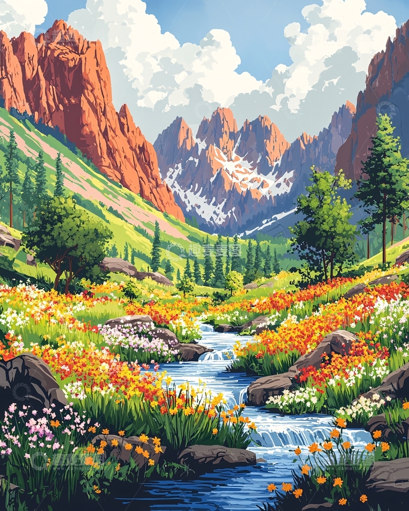 高清大图下载【趣麦麦图】山谷溪流鲜花盛开