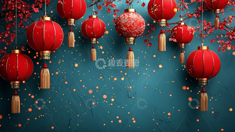 高清大图下载【趣麦麦图】红色灯笼和梅花装饰