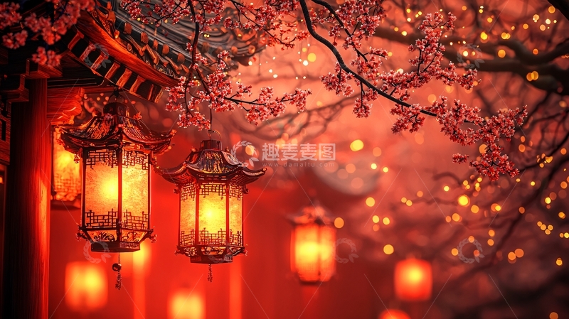 高清大图下载【趣麦麦图】红色灯笼与盛开的梅花