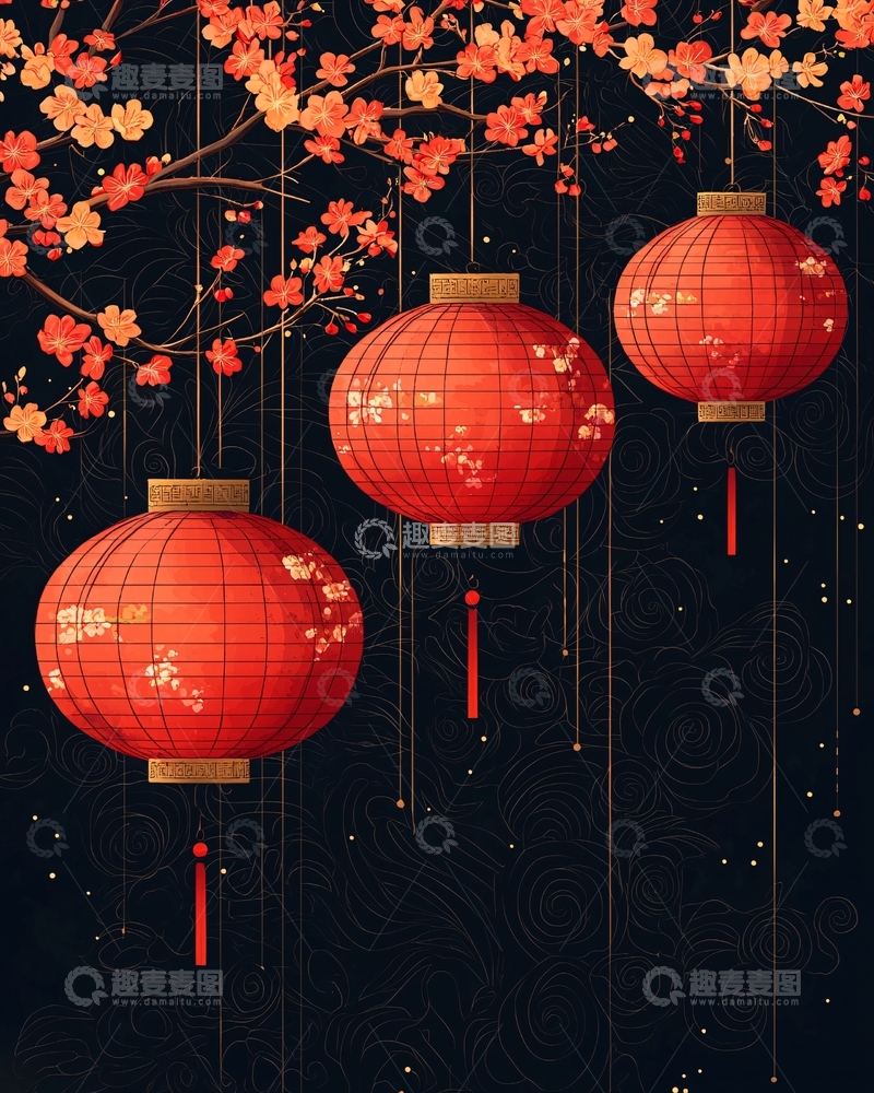 高清大图下载【趣麦麦图】红色灯笼挂在树枝上