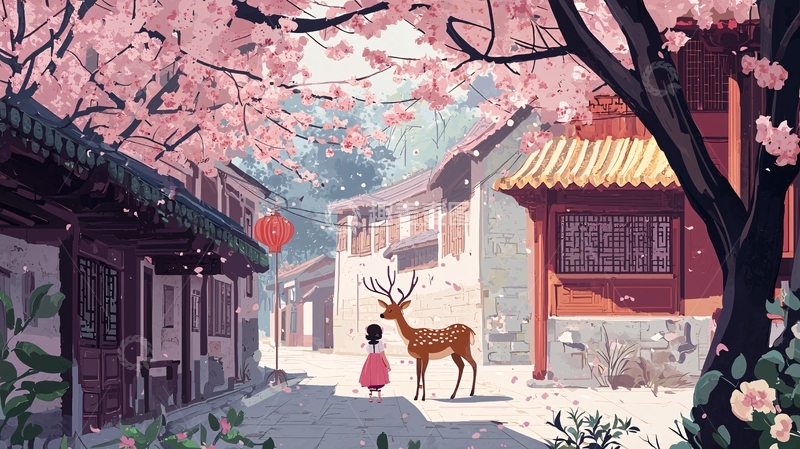 高清大图下载【趣麦麦图】樱花树下的小镇女孩