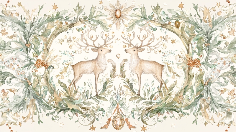 高清大图下载【趣麦麦图】水彩画双鹿花卉纹样