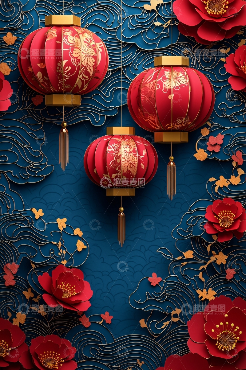 高清大图下载【趣麦麦图】红色灯笼花朵蓝色背景