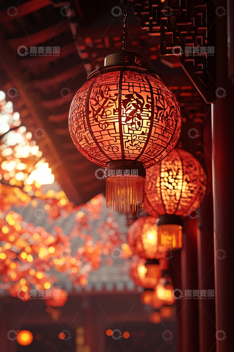高清大图下载【趣麦麦图】红色灯笼挂在屋檐下
