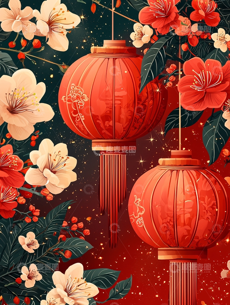 高清大图下载【趣麦麦图】红色灯笼花卉新年装饰