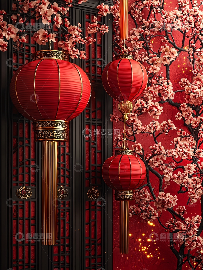 高清大图下载【趣麦麦图】红色灯笼和梅花绽放